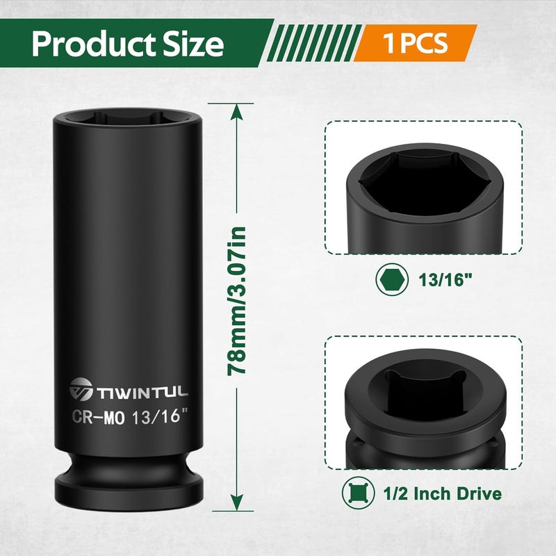 TIWINTUL 13/16" Impact Socket 1/2 Inch Drive, Deep CR-MO Steel Impact Socket, 3.07" Length, 6 Point Design, SAE Size Socket for Automotive and Mechanical Equipment Maintenance - Image 1